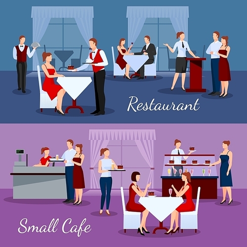 Catering compositions set with restaurant and small cafe symbols flat isolated vector illustration