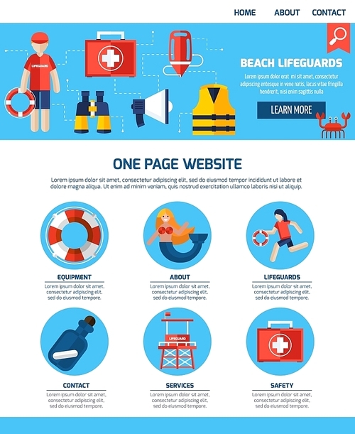 Beach lifeguards interactive webpage with infographic elements learn more button and contact information flat abstract vector illustration