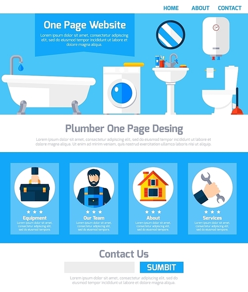 Plumber service one page website design with infographic elements submit button and contact information flat abstract vector illustration