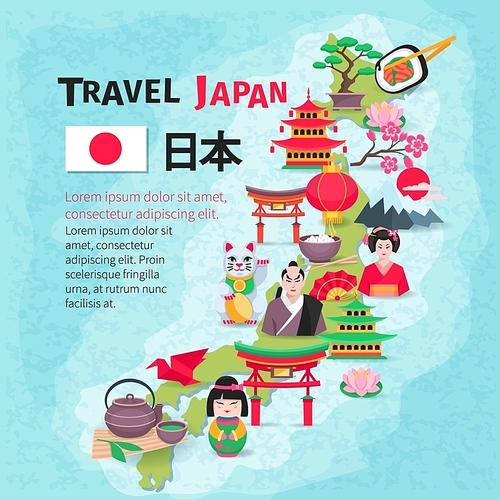 Japanese culture and national symbols with country map and flag for travelers flat poster abstract vector illustration