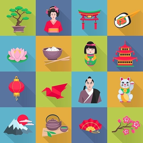 Japanese culture flat icons collection with lotus flower red lantern and bonsai shadow abstract isolated vector illustration