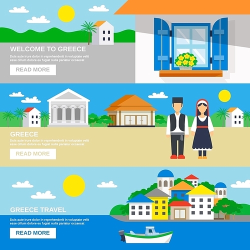 Three horizontal banner set with the Welcome to Greece slogan and decorative landscapes vector illustration