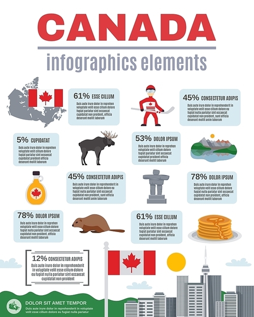 Canada infographics elements with statistics related to national symbols of country vector illustration