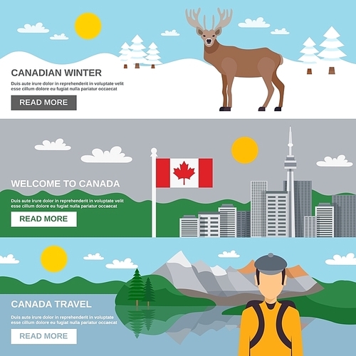 Canada travel horizontal banners set with winter forest architecture hiking among mountains and lakes isolated vector illustration