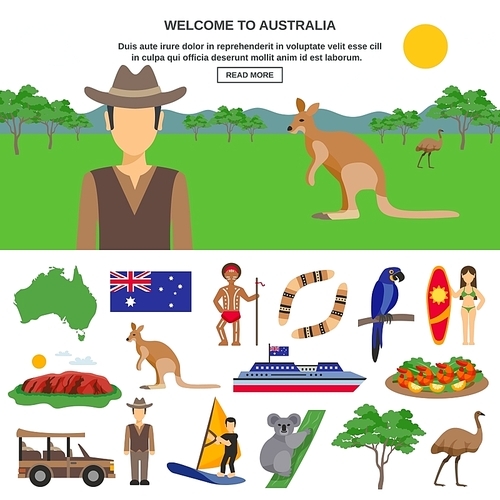 Australia travel concept with wildlife symbols of country and sportive tourism  isolated vector illustration