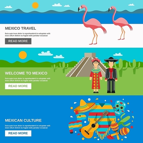 Mexico traditional costumes animals and food on the landscape background horizontal banner set vector illustration