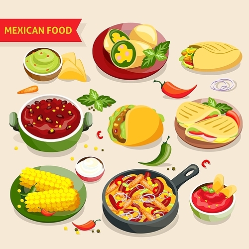 Mexican food set with traditional mexico cuisine dishes isolated vector illustraion