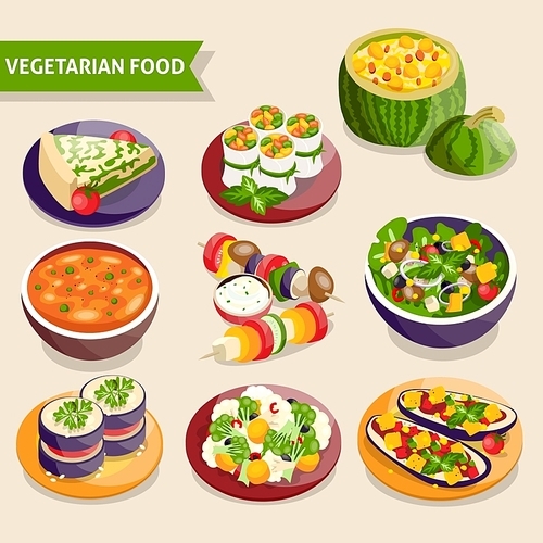 Vegetarian dishes set with fresh vegetable food isolated vector illustration