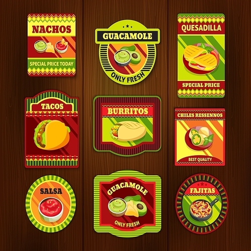 Mexican food bright colorful emblems of national dishes with meat spices on wooden background isolated vector illustration