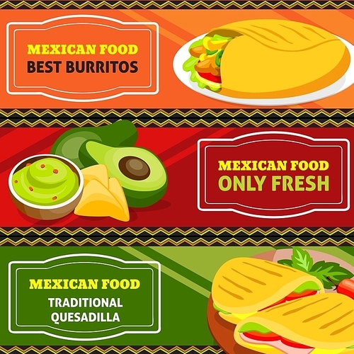 Mexican food horizontal banners set of traditional burritos and quesadilla with vegetables isolated vector illustration