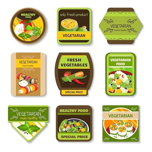 Vegetarian food colorful emblems with vegetables verdure spices for healthy lifestyle isolated vector illustration