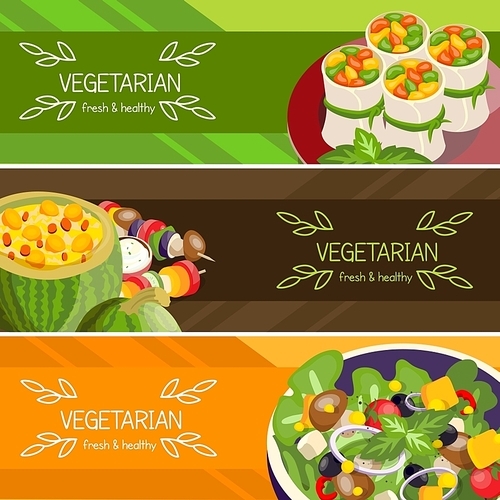 Vegetarian food horizontal banners set of fresh and healthy dishes with mushrooms and beans isolated vector illustration