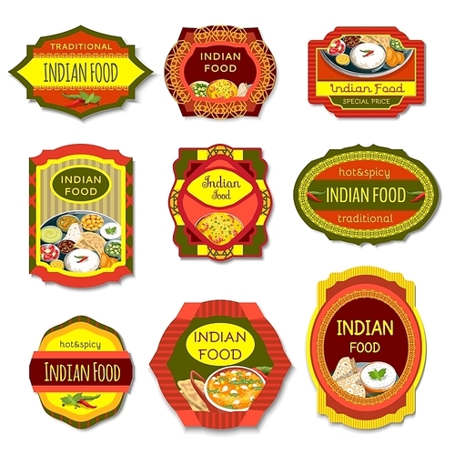 Indian food colorful emblems of traditional hot and spicy dishes with beans vegetables herbs isolated vector illustration