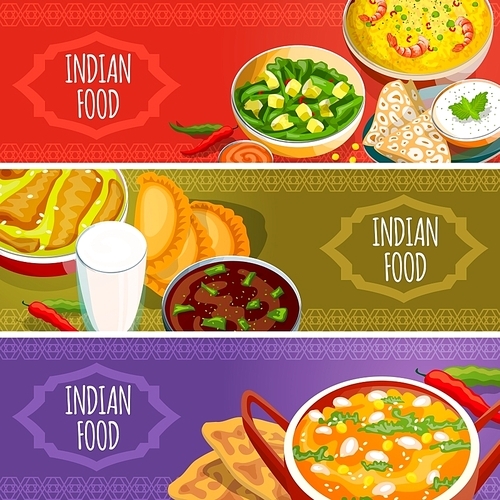 Indian food horizontal banners set with national dishes sauces and beverages isolated vector illustration