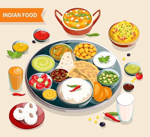 Indian food composition of dishes with seafood beans verdure and sauces also beverages and sweets vector illustration