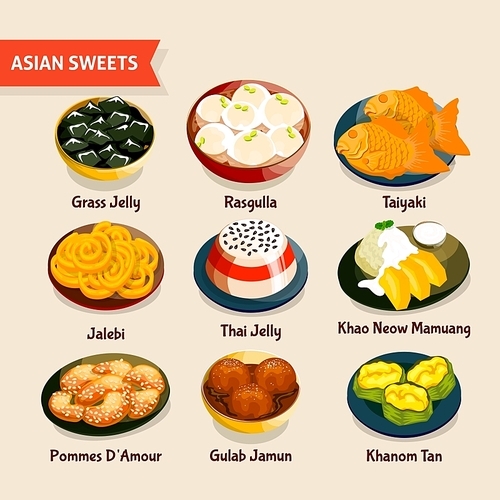 Asian sweets set with traditional desserts of chinese thai indian japanese cuisines isolated vector illustration