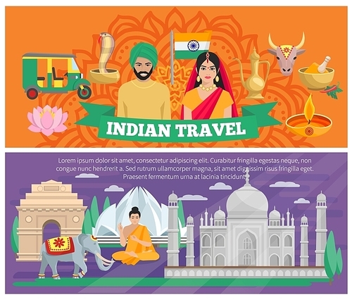 Indian travel banners with architecture and elements of culture isolated vector illustration