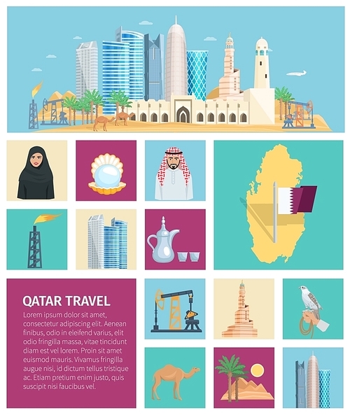 Qatar culture flat icon set with traditional objects symbols and nature in colored square frames vector illustration