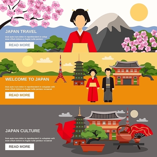 Top tourists attraction in Japan 3 flat horizontal banners set webpage for travelers abstract isolated vector illustration