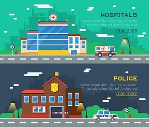 Government buildings two horizontal banners with hospital and police station  decorative templates on  town skyscrapers background flat vector illustration