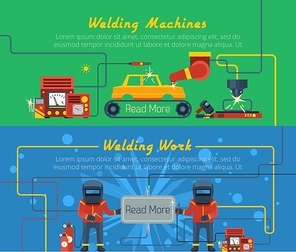 Two flat horizontal vector banners with illustration of welders tools and welding machines