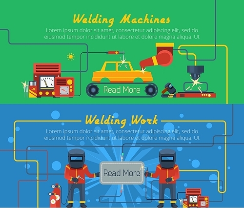 Two flat horizontal vector banners with illustration of welders tools and welding machines