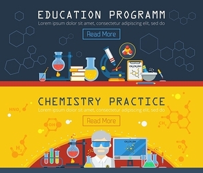 Chemistry horizontal banners set with equipment for education program and chemical practice flat vector illustration