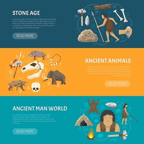 Horizontal banners about life ancient man and animals in prehistoric stone age isolated vector illustration
