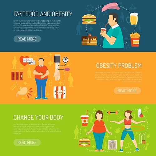 Horizontal color banners with information about fastfood obesity problem and health recommendation vector illustration