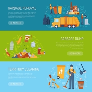 Horizontal color banner with information about territory cleaning garbage dump and removal vector illustration