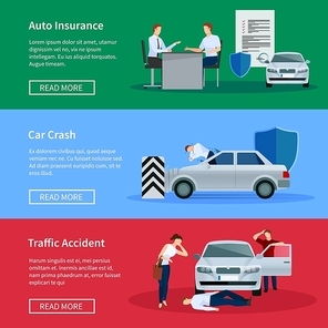Auto insurance horizontal banner set with negotiations damage from car crashes and traffic accidents isolated vector illustration