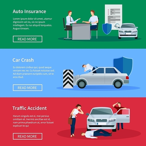 Auto insurance horizontal banner set with negotiations damage from car crashes and traffic accidents isolated vector illustration