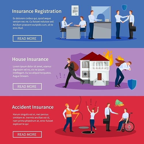 Personal and house insurance banner set with fire theft accidents and workplace injuries isolated vector illustration