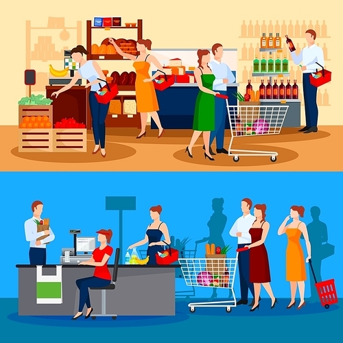 Customers of supermarket compositions with choice of products and queue to cashier isolated vector illustration
