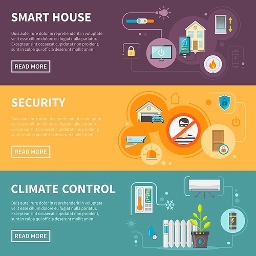 Smart house horizontal banners set with security system and climate control isolated vector illustration