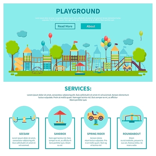 Color illustration web site page about outdoor games showing different playground services seesaw sandbox spring rider roundabout vector illustration