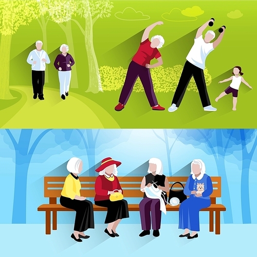 Elderly People Banners Set. Elderly People Vector Illustration. Elderly People Concept. Elderly People Horizontal Compositions. Elderly People Decorative Illustration. Elderly People Symbols.
