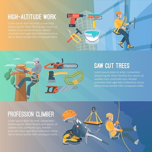Horizontal flat color banners about high-altitude work saw cut trees profession climber vector illustration