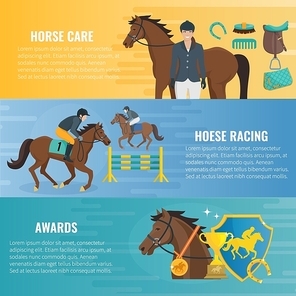 Color flat horizontal banners about horse care equestrian racing and awards in competition vector illustration