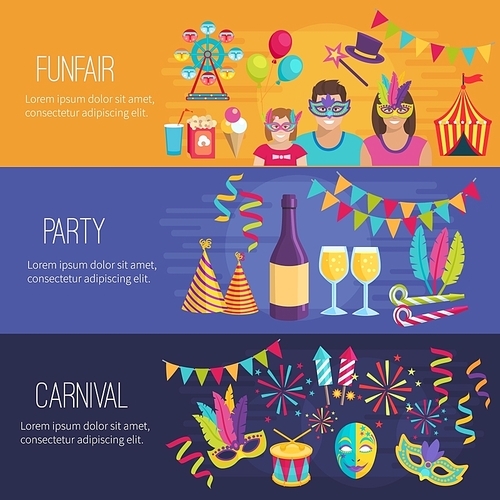 Horizontal color flat banners depicting elements of carnival funfair party vector illustration