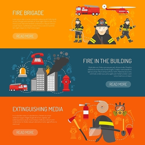 Firefighters 3 flat horizontal banners webpage for information on fire alarm in building abstract isolated vector illustration