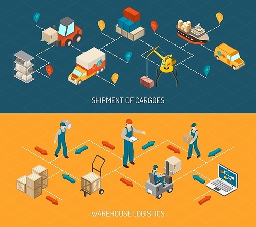 Logistics 2 horizontal isometric with cargo delivery chain and warehouse storage flowchart design abstract isolated vector illustration
