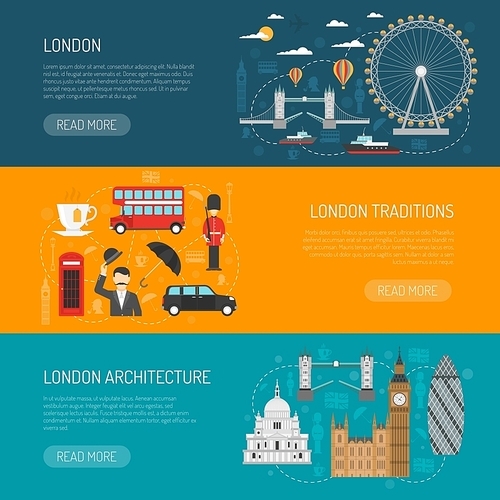 Online information on london architecture and traditions 3 flat horizontal banners set design abstract isolated vector illustration