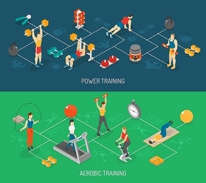 Weight strength and fitness training in sport center 2 isometric horizontal banners set abstract isolated vector illustration