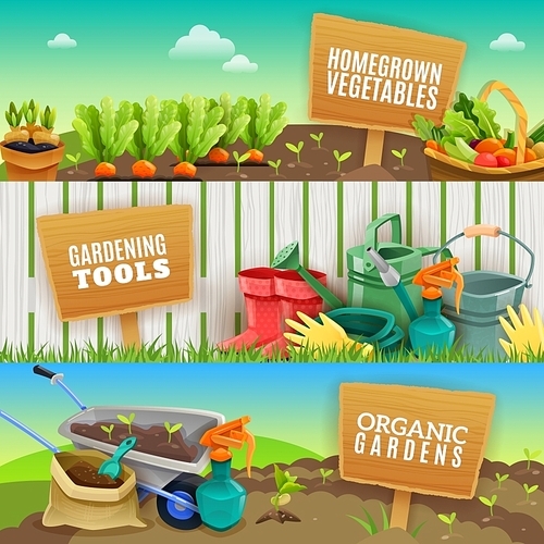 Three colorful gardening horizontal banners with farming tools homegrown vegetables in garden beds and organic fertilizer in handcart flat vector illustration