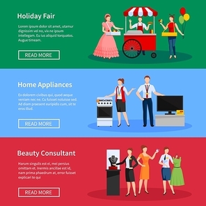 Consultants and street sellers banners set with holiday fair home appliances and clothes isolated vector illustration