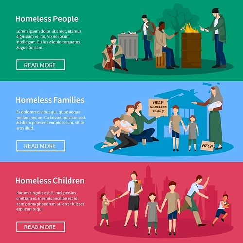 Homeless Banner Set with people living on the street without food and money asking for help from passersby vector illustration