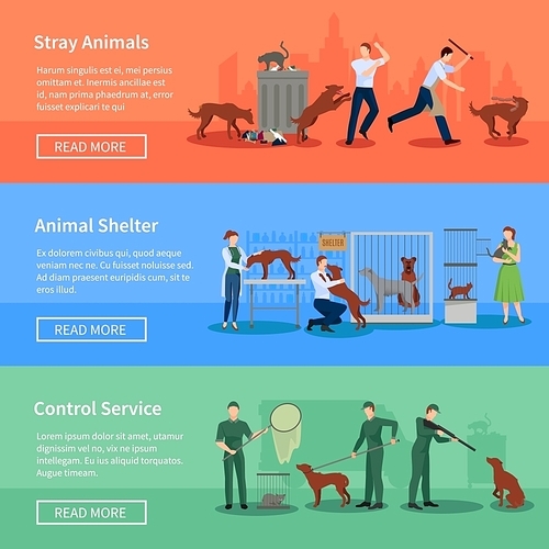 Stray animals problems 3 flat horizontal banners set webpage design with animal shelters abstract isolated vector illustration
