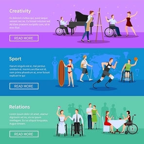 Disabled persons full life online information 3 flat horizontal banners set webpage design abstract isolated vector illustration