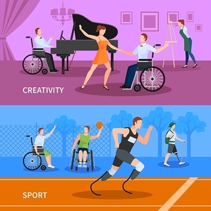 Disabled people practicing sport and leading full creative life 2 flat banners composition abstract isolated vector illustration